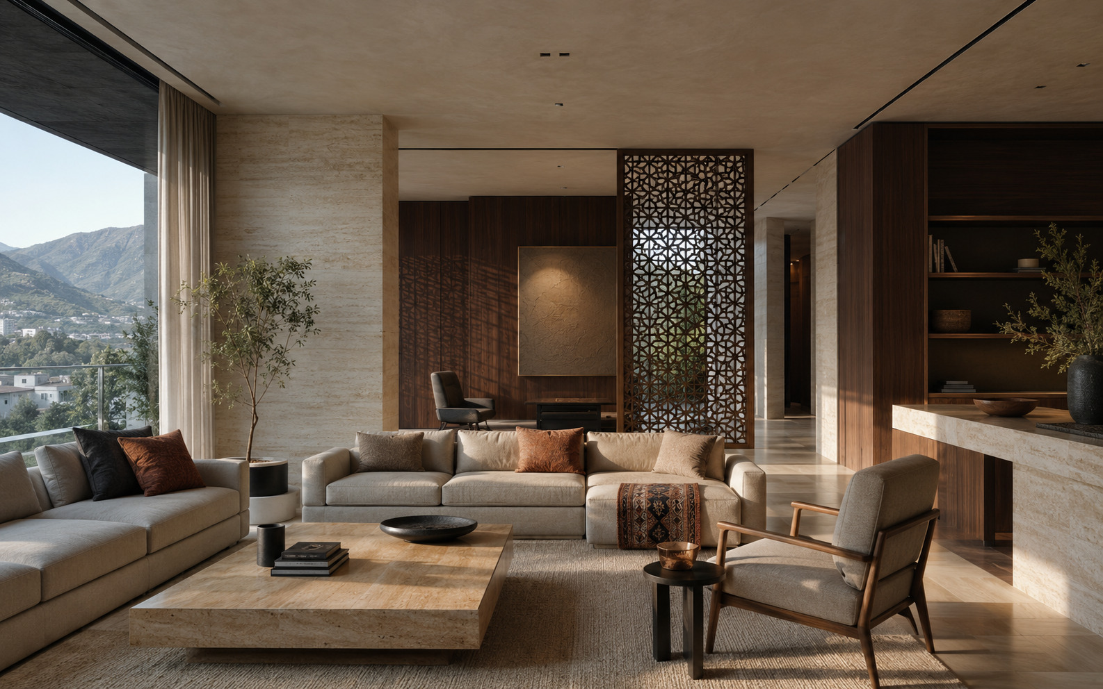 Warm contemporary interior with layered timber, stone and filtered light